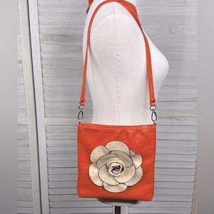Faux Ostrich Leather Crossbody Purse Orange with Tan Flower
